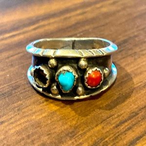 Navajo Sterling Silver Ring Turquoise Coral Size 10